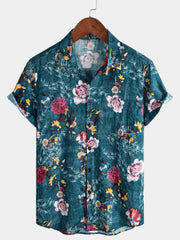 Men's Retro Floral Print Blue Short Sleeve Shirt