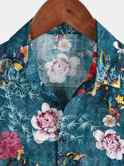 Men's Retro Floral Print Blue Short Sleeve Shirt