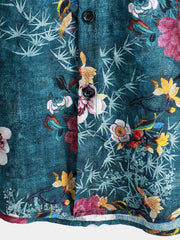 Men's Retro Floral Print Blue Short Sleeve Shirt