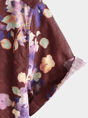 Men's Red Floral Casual Cotton Short Sleeve Beach Shirt