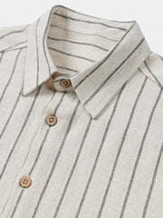 Men's Beige Stripe Linen Casual Short Sleeve Shirt