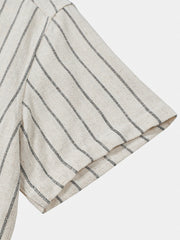 Men's Beige Stripe Linen Casual Short Sleeve Shirt