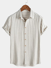 Men's Beige Stripe Linen Casual Short Sleeve Shirt