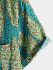 Men's Summer Green Tropical Leaf Hawaiian Short Sleeve Shirt