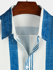 Men's Vintage Blue Vertical Striped Casual Short Sleeve Shirt