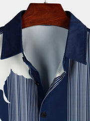 Men's Vertical Stripe Flower Print Vacation Navy Blue Hawaiian Vintage Aloha Short Sleeve Shirt