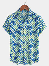 Men's Casual Holiday Geometrie Summer Short Sleeve Blue Button Up Shirt