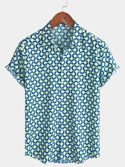 Men's Casual Holiday Geometrie Summer Short Sleeve Blue Button Up Shirt