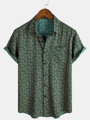 Men's Retro Geometric Print Green Pocket Short Sleeve Shirt