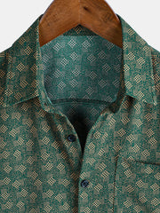 Men's Retro Geometric Print Green Pocket Short Sleeve Shirt