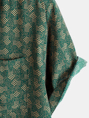 Men's Retro Geometric Print Green Pocket Short Sleeve Shirt