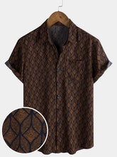 Men's Retro Brown Geometric Print Pocket Short Sleeve Shirt
