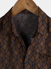Men's Retro Brown Geometric Print Pocket Short Sleeve Shirt