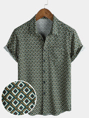 Men's Geometric Print Holiday Pocket Short Sleeve Casual Shirt