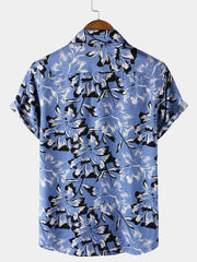 Men's Tropical Blue Floral Button Up Short Sleeve Shirt