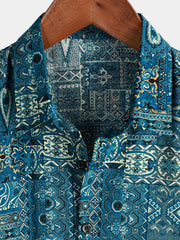 Men's Vintage Beach Tropical Print Vacation Tribal Boho Short Sleeve Retro Blue Button Up Shirt