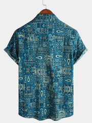 Men's Vintage Beach Tropical Print Vacation Tribal Boho Short Sleeve Retro Blue Button Up Shirt