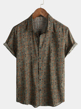Men's Vintage Paisley Print 70s Button Up Brown Boho Retro Tribal Short Sleeve Shirt