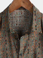 Men's Vintage Paisley Print 70s Button Up Brown Boho Retro Tribal Short Sleeve Shirt