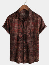Men's Retro Paisley Floral Print Cotton Button Up Vintage Holiday Western Brown Short Sleeve Shirt