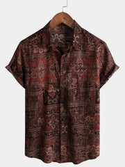 Men's Retro Paisley Floral Print Cotton Button Up Vintage Holiday Western Brown Short Sleeve Shirt