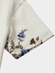 Men’s Cream with Blue Floral Vine Casual Summer Short Sleeve Shirt