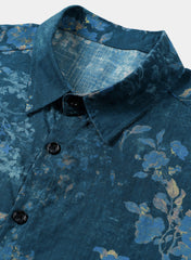 Men’s Blue Watercolor Floral Print Casual Short Sleeve Shirt