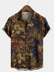 Men's Yellow Retro Floral 100% Rayon Short Sleeve Resort Shirt