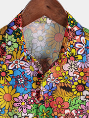 Men's Vintage 70s Floral Print Breathable Cotton Pocket Shirt
