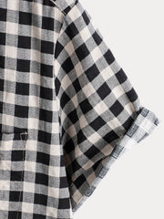 Men's Black Check Print Cotton Pocket Short Sleeve Shirt