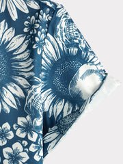Men's Skull Sunflower Button Up Short Sleeve Art Flower Blue Rock and Roll Hawaiian Shirt