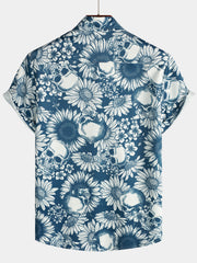 Men's Skull Sunflower Button Up Short Sleeve Art Flower Blue Rock and Roll Hawaiian Shirt