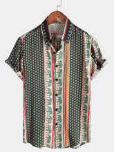 Men's Striped Elephant Print Retro Button Up Green Top Short Sleeve Shirt