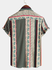 Men's Striped Elephant Print Retro Button Up Green Top Short Sleeve Shirt