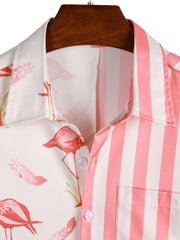 Men's Pink Flamingo & Striped Print Pocket Short Sleeve Shirt