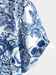 Men's Blue Flower Skull Graphic Button Up Short Sleeve Punk Rock Art Shirt