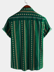 Men's Retro Green Striped Print Button Up 70s Vintage Short Sleeve Shirt
