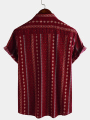 Men's Retro Red Striped Print Button Up 70s Vintage Short Sleeve Shirt