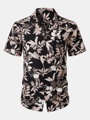 Men's Tropical Leaf Print Summer Beach Short Sleeve Shirt