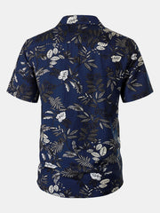 Men's Navy Blue Tropical Leaf Print Casual Hawaiian Shirt
