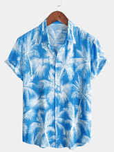 Men's Blue Tropical Print Beach Short Sleeve Shirt