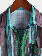 Men's Summer Vintage Green Striped Short Sleeve Shirt