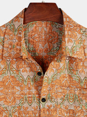 Men's Retro Casual Button Up Pocket Beach Vintage Orange Short Sleeve Shirt
