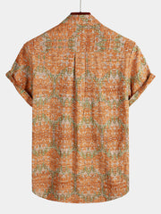 Men's Retro Casual Button Up Pocket Beach Vintage Orange Short Sleeve Shirt