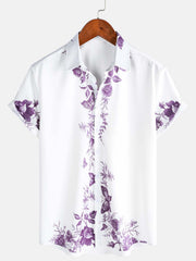 Men's Purple Floral Print Hawaiian Button Up Summer Beach Casual Collar Short Sleeve Shirt