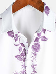 Men's Purple Floral Print Hawaiian Button Up Summer Beach Casual Collar Short Sleeve Shirt
