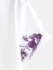 Men's Purple Floral Print Hawaiian Button Up Summer Beach Casual Collar Short Sleeve Shirt