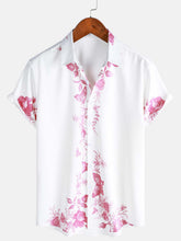 Men's Pink Floral Print Hawaiian Button Up Summer Beach Casual Collar Short Sleeve Shirt