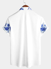 Men's Blue Floral Print Hawaiian Button Up Summer Beach Casual Collar Short Sleeve Shirt
