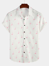 Men's Pink Flamingo Print Short Sleeve Button Up Shirt